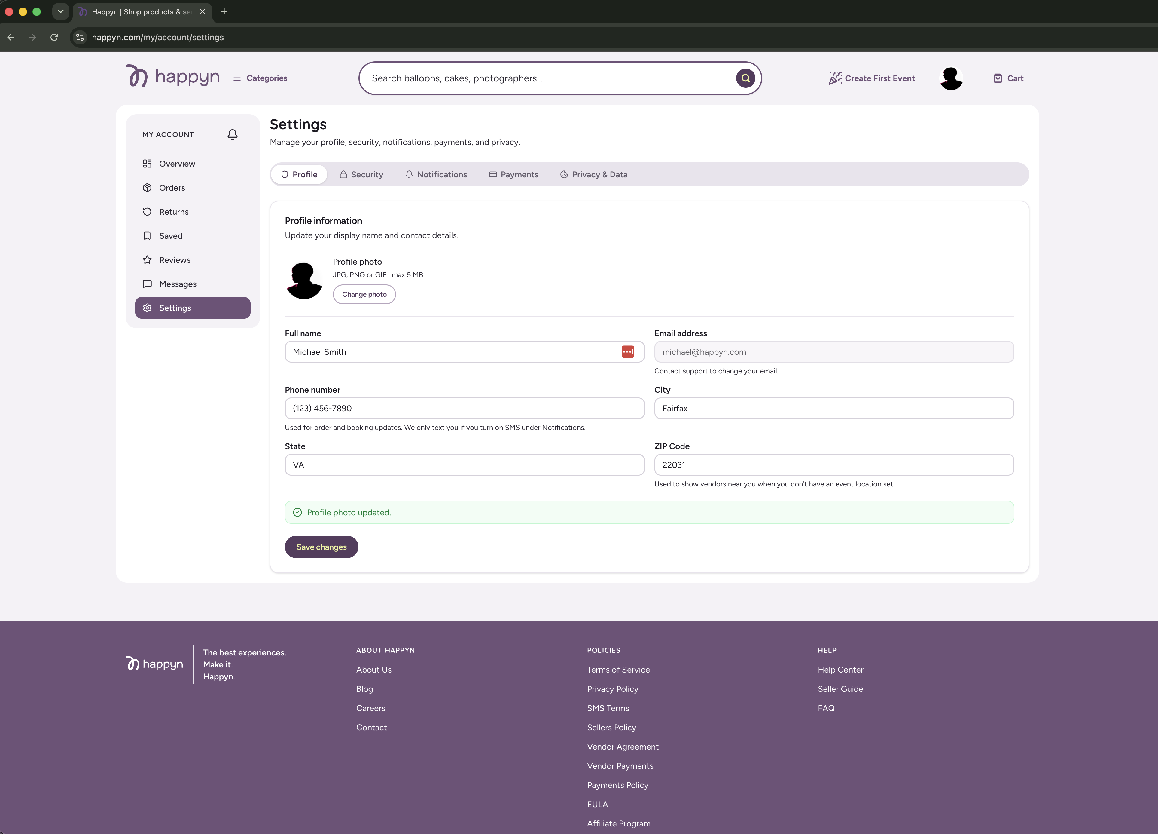 Happyn Account Settings, Profile tab, showing the optional mobile number field and the note that Happyn only sends texts if SMS is enabled under Notifications.